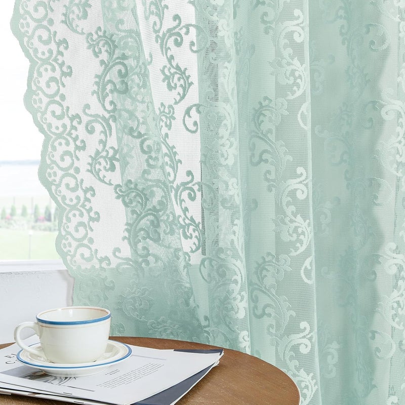 FOLKSIDE Pastel Turquoise Lace Curtains 63 Inch Length Western Paisley Aqua Lace Curtains for Living Room Bedroom Rod Pocket Light Filtering French Window Drapes Modern Sea Ocean Beach Decor, 52x63 - Image 4